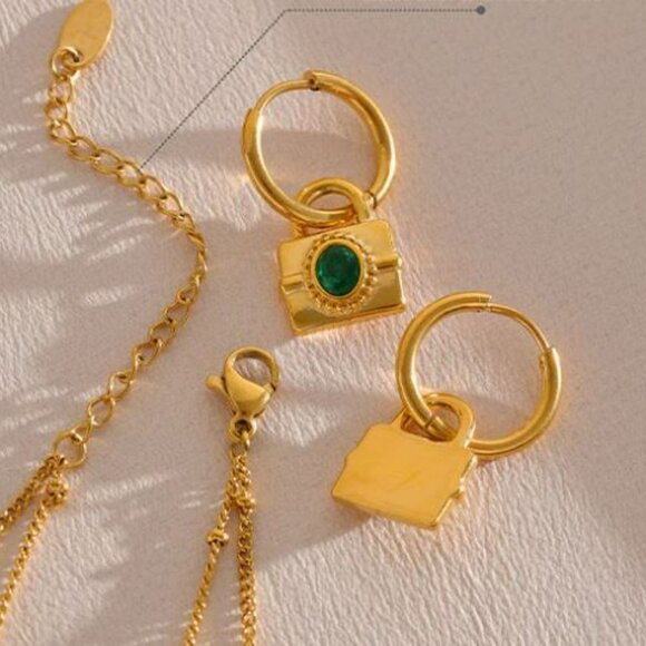 Emerald Green Cubic Zirconia 18K Gold Plated Lock Dangle Earrings NEW - Picture 4 of 11